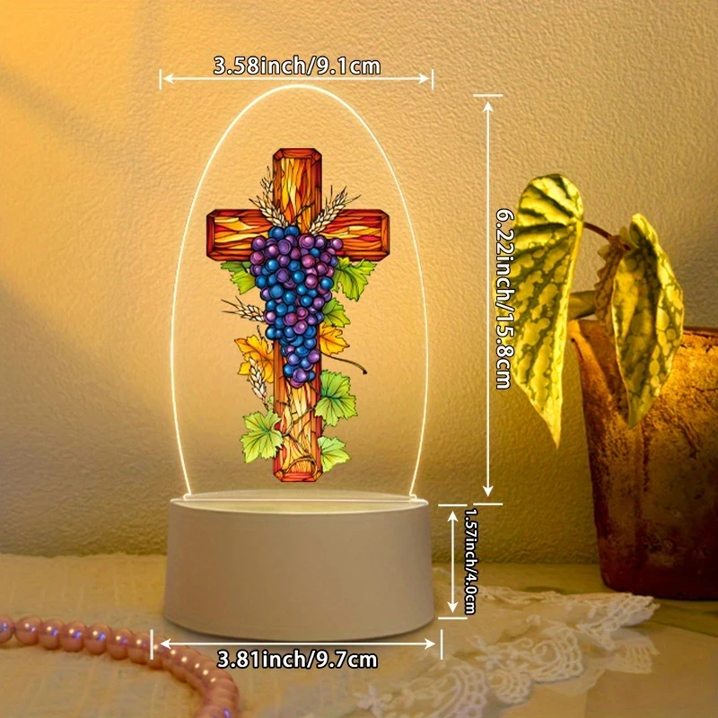 1pc Cross with Grapes and Wheat Christian Themed Home Decoration Night Light USB-Powered Stained Glass Style Night Light for Prayer, Meditation, and Family Worship