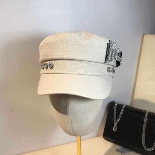 Splicing Socialite Flat Top Rhinestone Bow Navy Hat Female