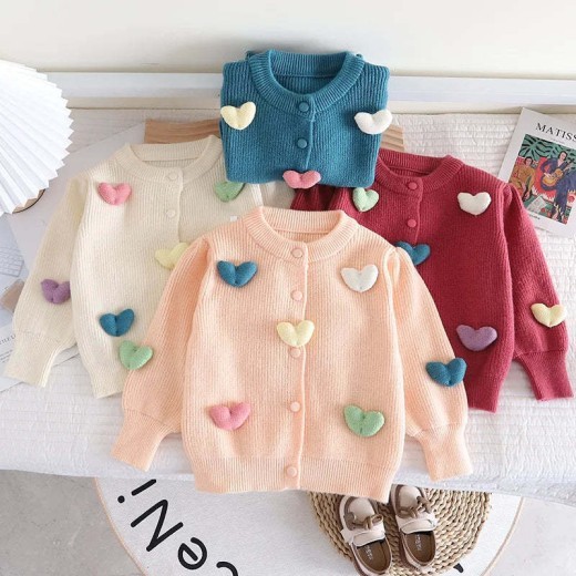 Spring Girls' Three-dimensional Love Puff Sleeve Sweater Coat