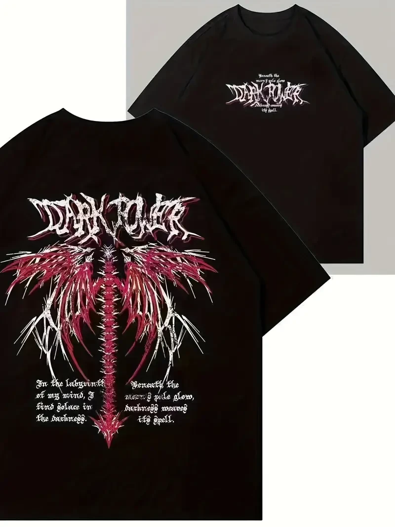 Dark Wing Letter Print Short Sleeve T-shirt, Y2K Crew Neck Top for Spring & Summer Women's Casual Gothic Clothing
