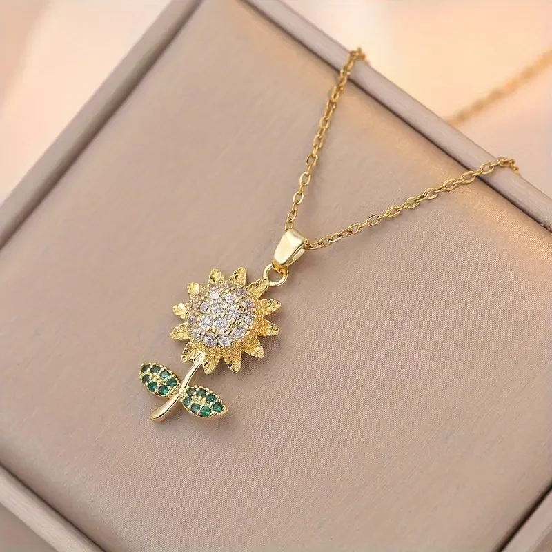 Elegant Sunflower Pendant Necklace for Women  18K Golden Plated, Titanium Steel with Cubic Zirconia Accents  Perfect Gift for Her