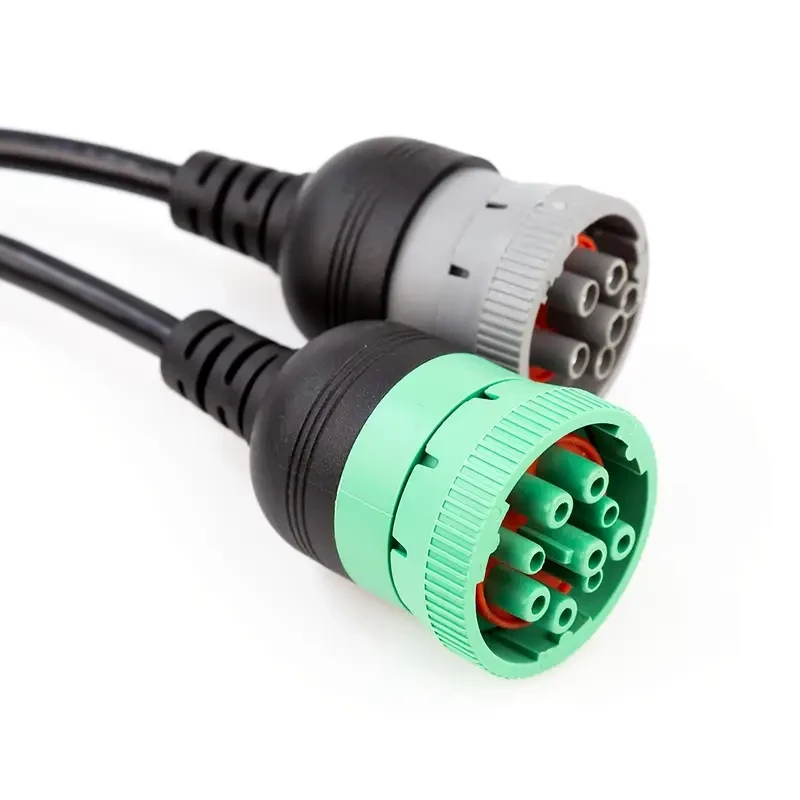 9-Pin OBD to Type 2 Green Split Y Cable for Diesel Truck Diagnostics