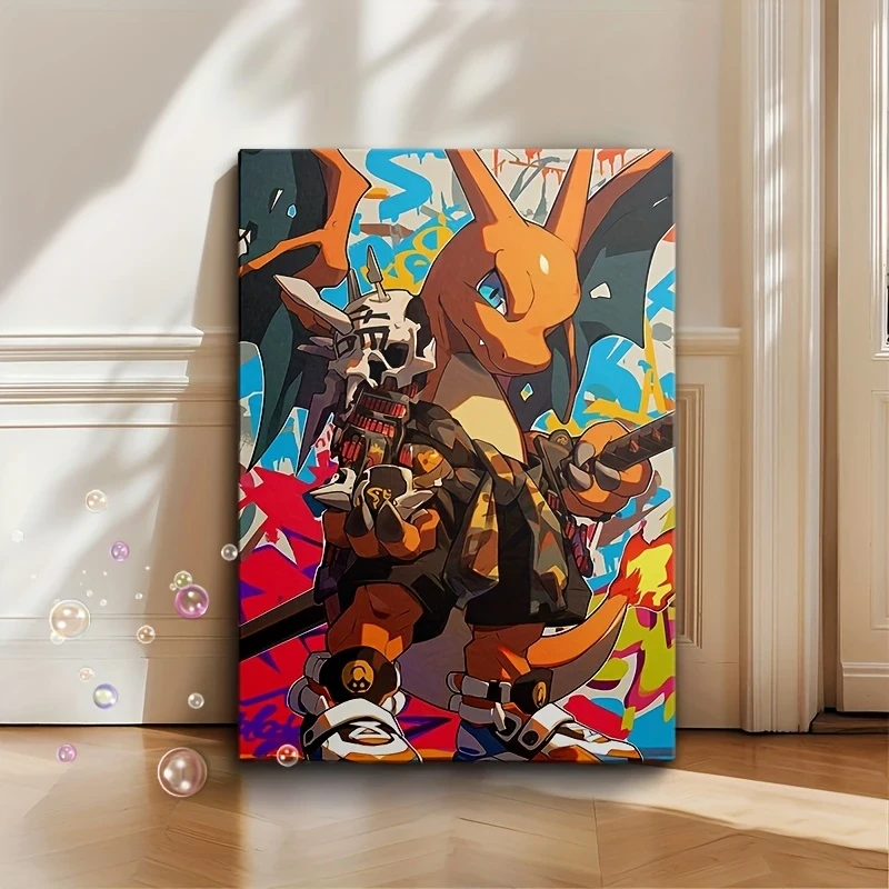 1pc Anime Fire-Breathing Dragon Canvas Wall Art Graffiti-Style Framed Poster with Skull & Sword Design