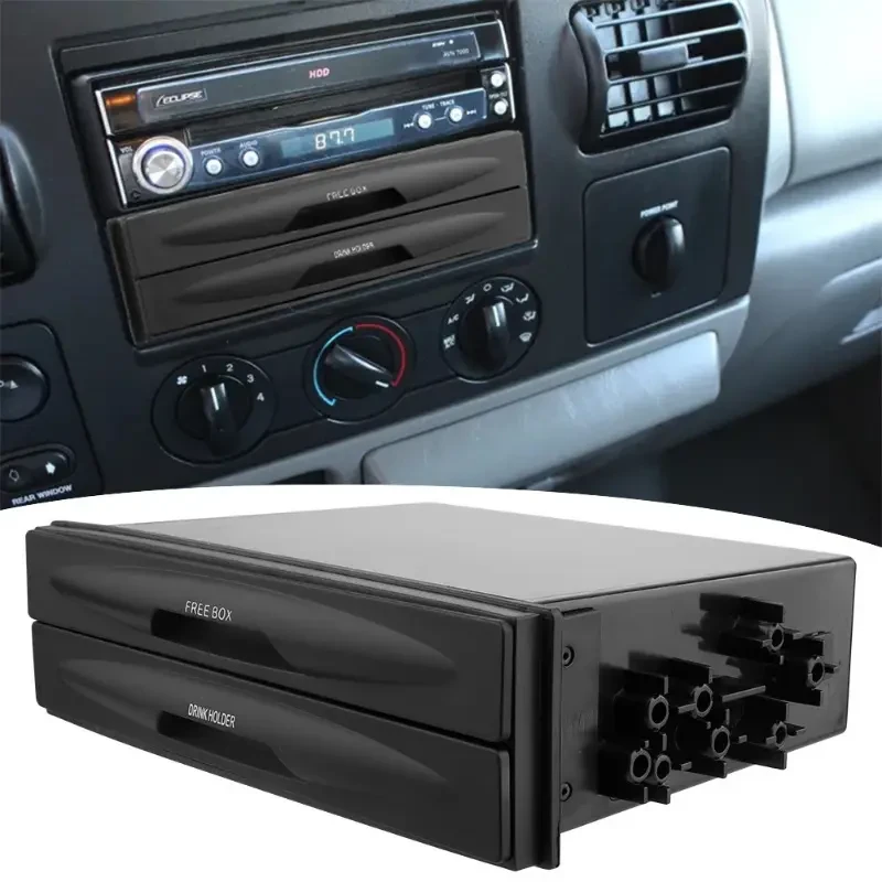 [Black Plastic Car Storage Box]Universal Car Radio Pocket and Drink Holder Organizer Box