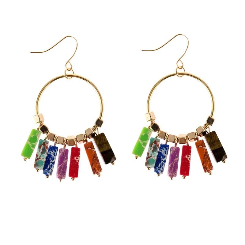 Bohemianx Chakrasx Rainbowx Resinx Stonex Earringsx Womenx Tribalx Jewelryx Goldx Colorx Hollowx Roundx Tasselx Pendantx Earringsx