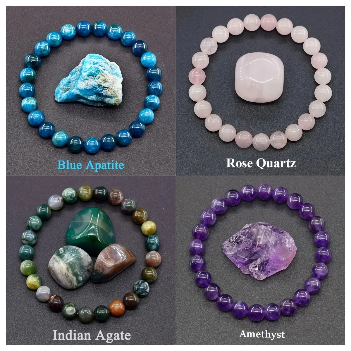 4pcs Natural Stone Bracelet Set Elegant Bohemian Blue Apatite, Amethyst, Rose Quartz, and Indian Agate Bracelet Collection