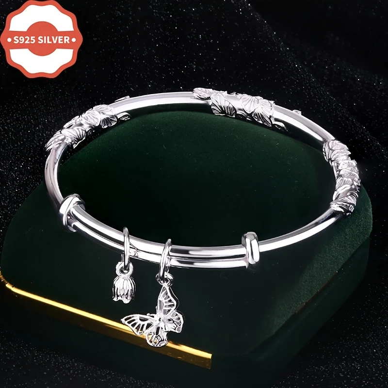 Luxury Boho Style 925 Sterling Silver Bangle 18K Golden Plated with Floral & Butterfly Charm