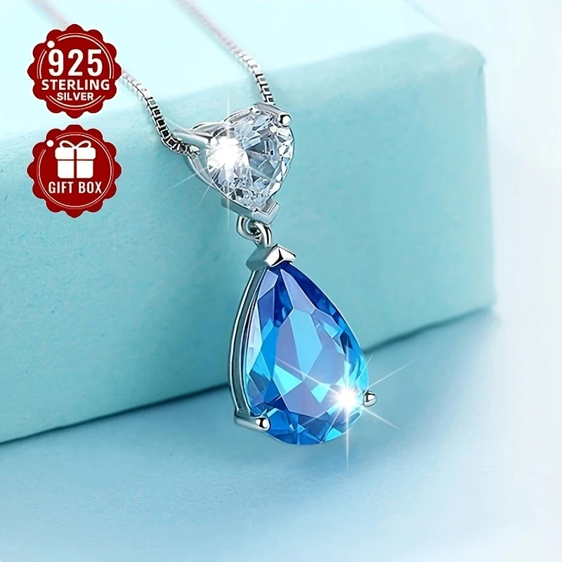 Elegant Blue Synthetic Zirconia Heart Pendant Necklace for Women Vintage Style