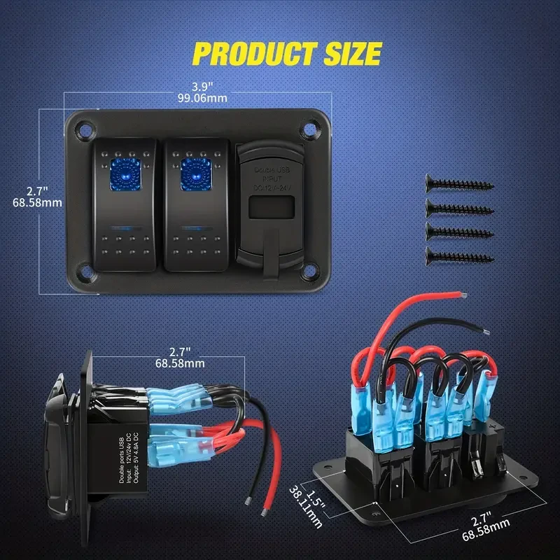 DAIERTEK 2-Gang Marine Switch Panel with Dual USB Charger