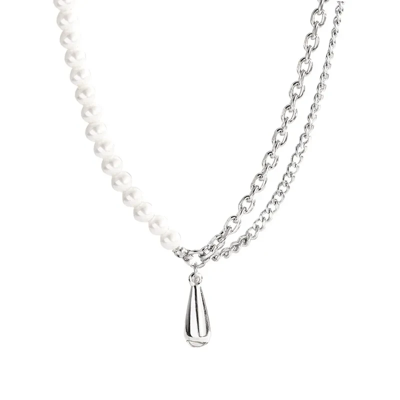 Pearl Stitching Metal Drop Pendant Necklace