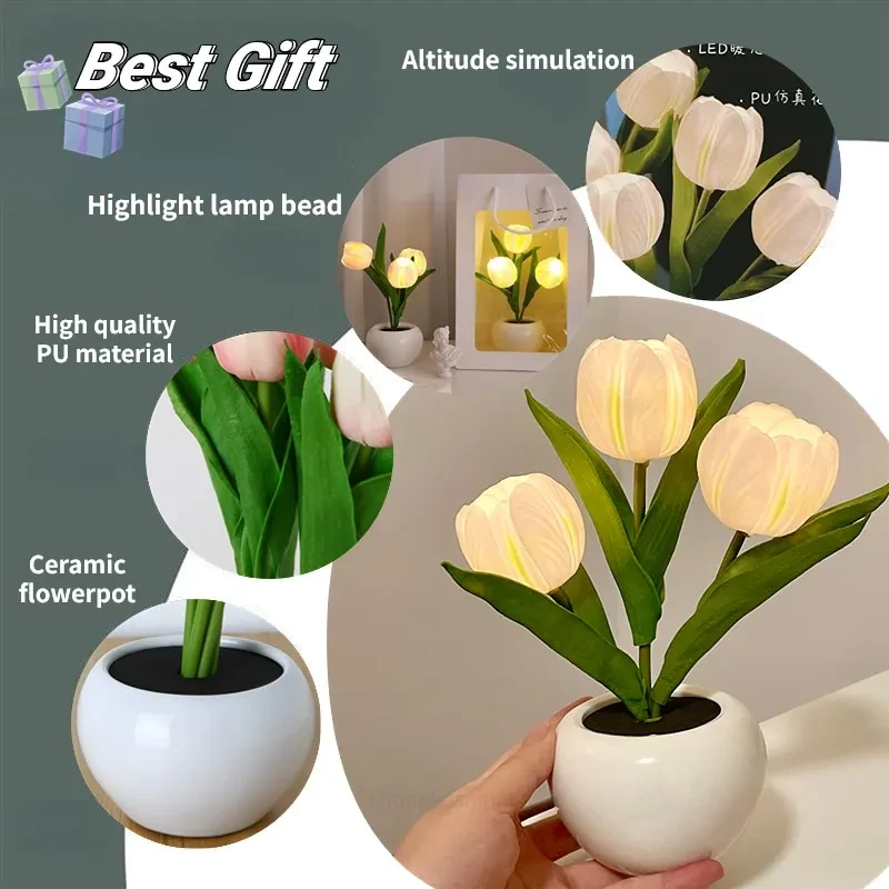 1pc USB LED Tulip Flower Lamp with Vase | Simulation Tulip Night Light Table Decor | Best Mothers Day Gift