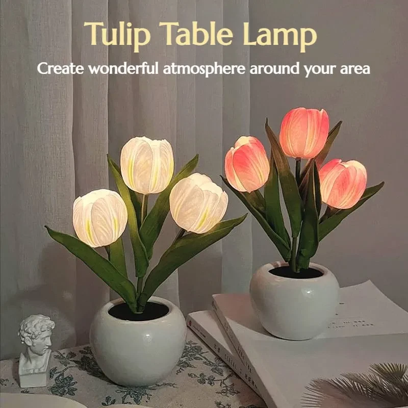 1pc USB LED Tulip Flower Lamp with Vase | Simulation Tulip Night Light Table Decor | Best Mothers Day Gift