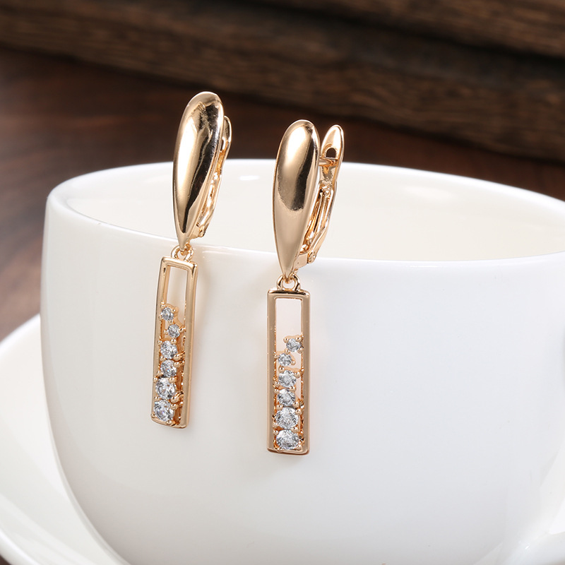 Copper Plated Gold Zircon Earrings Women's Fashionable Rose Gold Rectangular