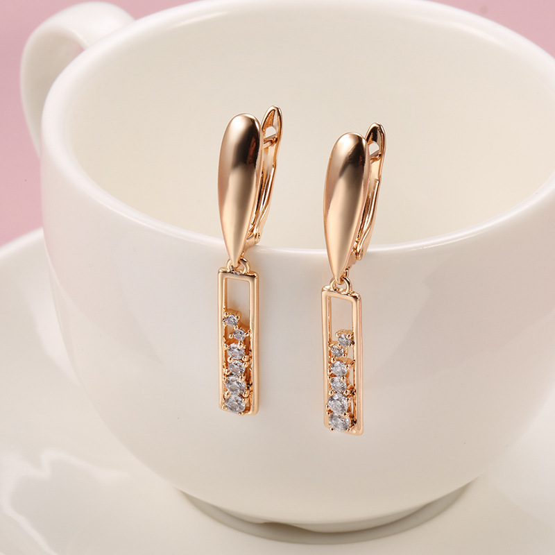 Copper Plated Gold Zircon Earrings Women's Fashionable Rose Gold Rectangular