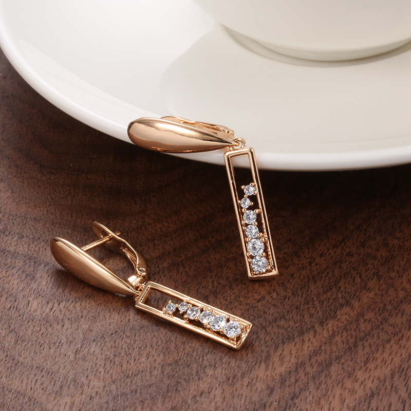 Copper Plated Gold Zircon Earrings Women's Fashionable Rose Gold Rectangular