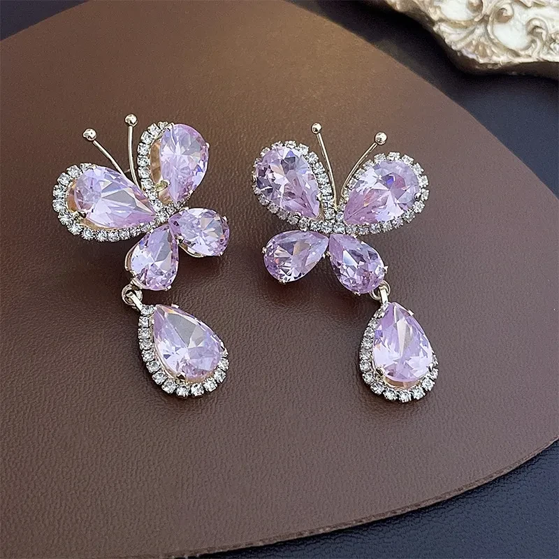 Sweet Light Luxury Rhinestone Zircon Butterfly Water Drop Silver Pin Earrings