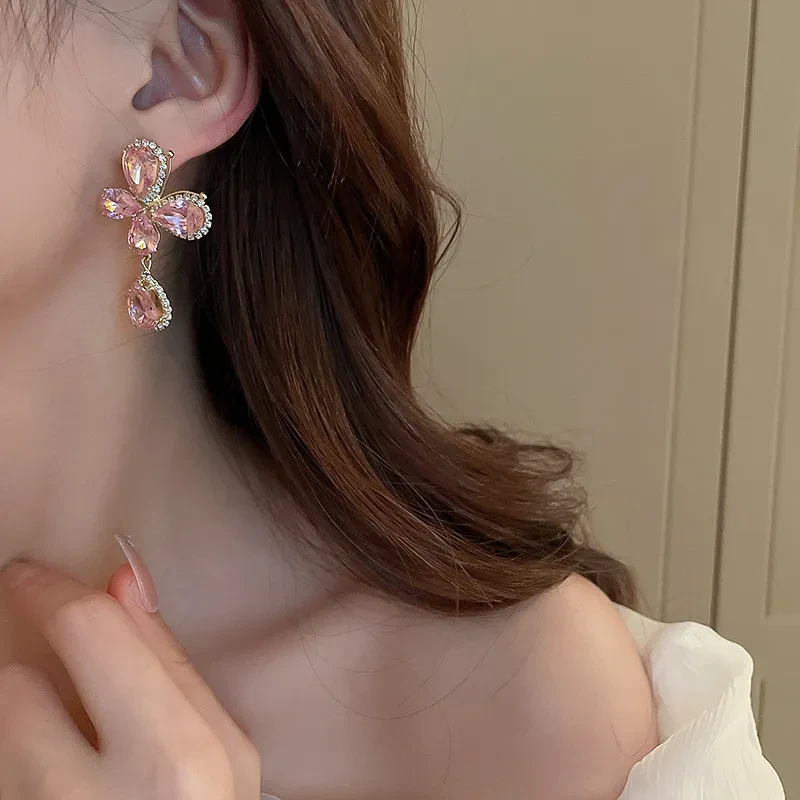 Sweet Light Luxury Rhinestone Zircon Butterfly Water Drop Silver Pin Earrings
