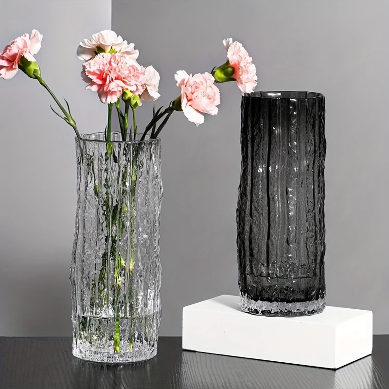 Frozen Glacier Glass Vase - Modern Transparent Cylinder Vase for Flower Arrangements, Rose Flower Living Room & Dining Table Decor, No Electricity or Battery Needed