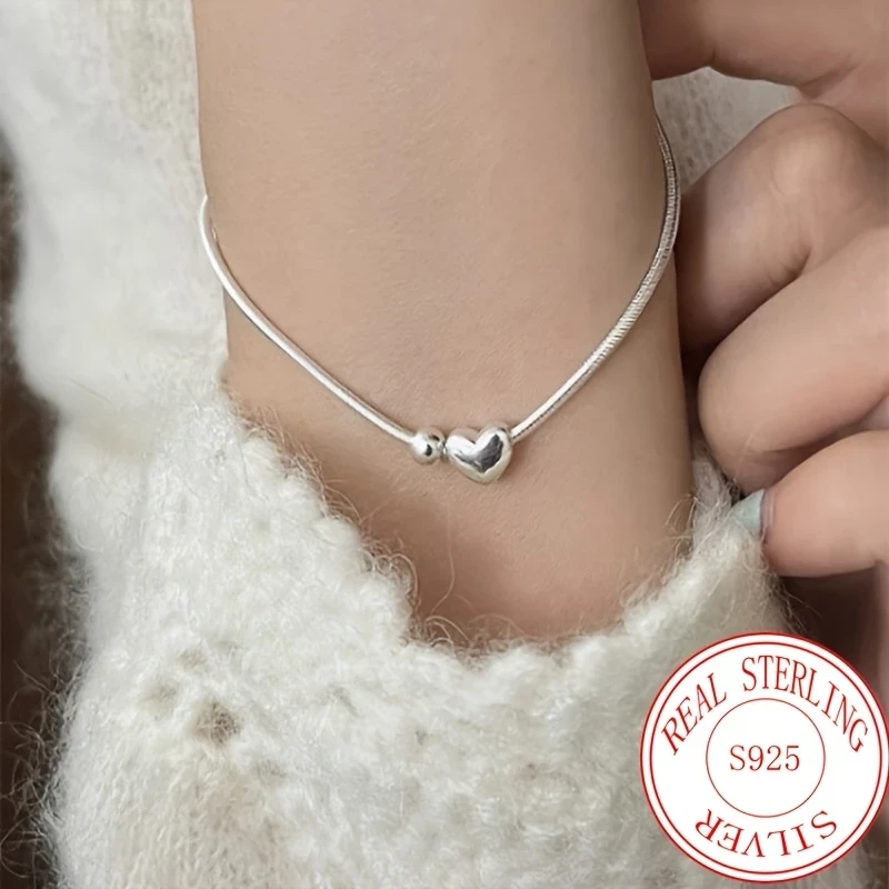Elegant 925 Sterling Silver Love Heart Snake Bone Bracelet - Ideal for Birthdays, Weddings, Family & Holiday Gifts, Perfect for Mothers Day, Independence Day, Easter, Ramadan