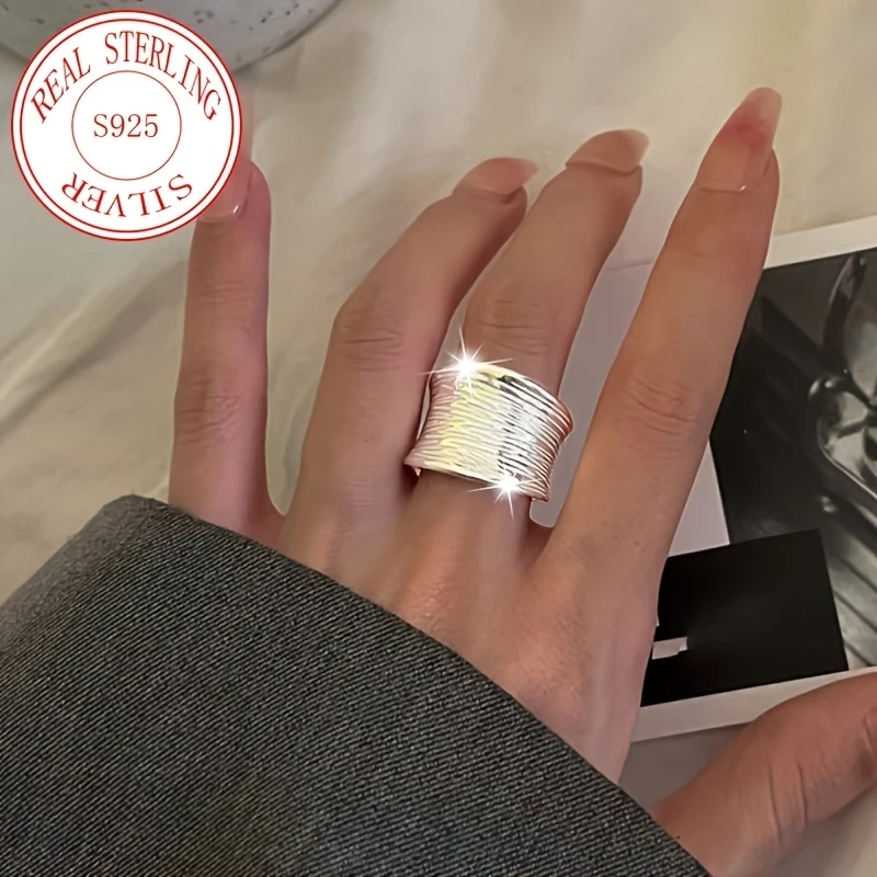 Women's 925 Sterling Silver Water Ripples Ring - Elegant Opening Adjustable Size, Glitter Design for Mother's Day, Spring & Summer Gifts, and Special Occasions