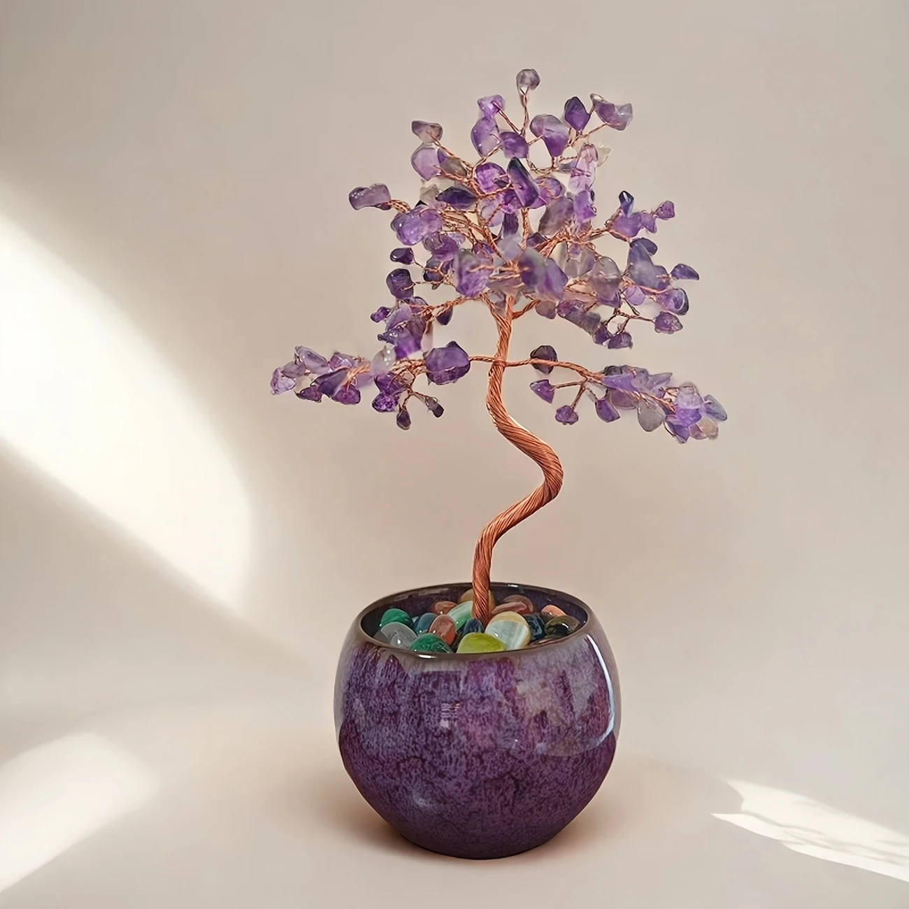 Elegant Pink Quartz, Aquamarine, Amethyst, Citrine Crystal Tree with Ceramic Base  Colorful Faux Gemstone Desktop Ornament, Ideal for Mothers Day or Birthday Gift