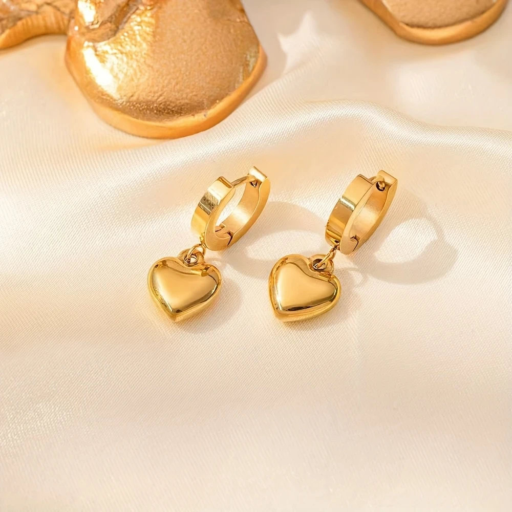 Elegant 18K Golden-Plated Stainless Steel Heart Dangle Earrings for Women  Simple & Chic Love Heart Jewelry, Perfect for Casual Attire & Valentines Day Gift