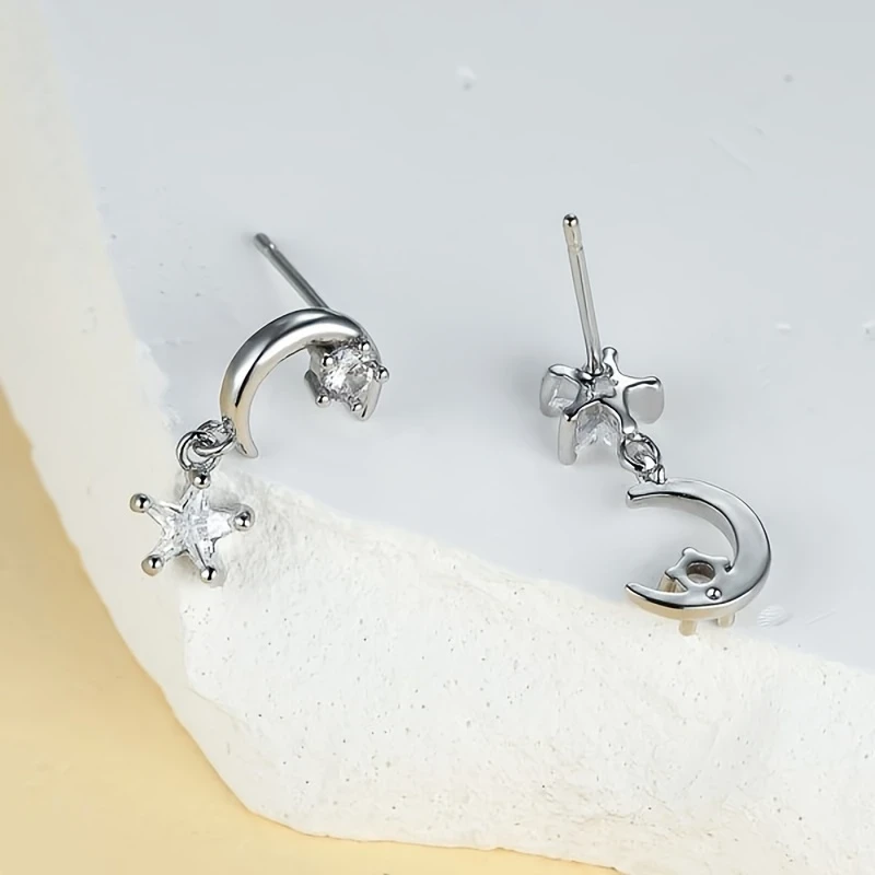 Elegant Minimalist Silvery Moon and Star Drop Earrings with Sparkling Cubic Zirconia  Copper Jewelry, Perfect Gift for Women, Suitable for Ramadan