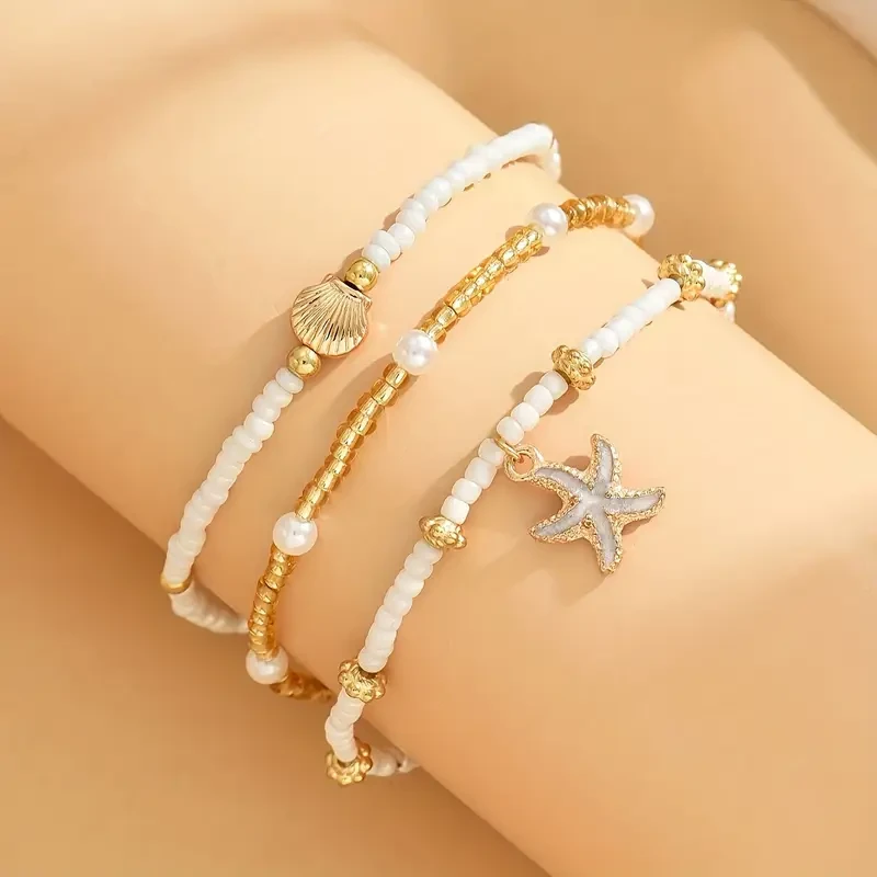 Boho Summer Beach Ankle Bracelets with Seashells & Starfish