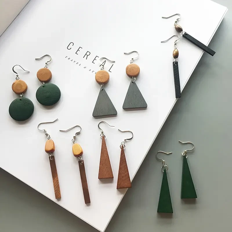 6 Pairs of Wooden Drop Earrings with Simple Geometry Pendant Design