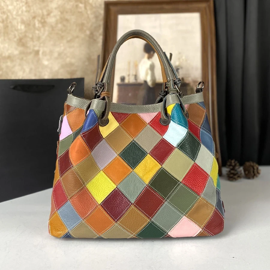 Genuine Leather Women's Handbag  Large Capacity Multi-Color Floral Print Shoulder Bag with Adjustable Strap, Zipper Closure & Polyester Lining