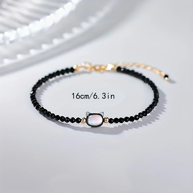 Adjustable Black Cat Charm Bracelet for Women  Cute Boho Style with Spinel Beads, Perfect for Valentine's Day or Birthday Gift, Daily Wear Jewelry