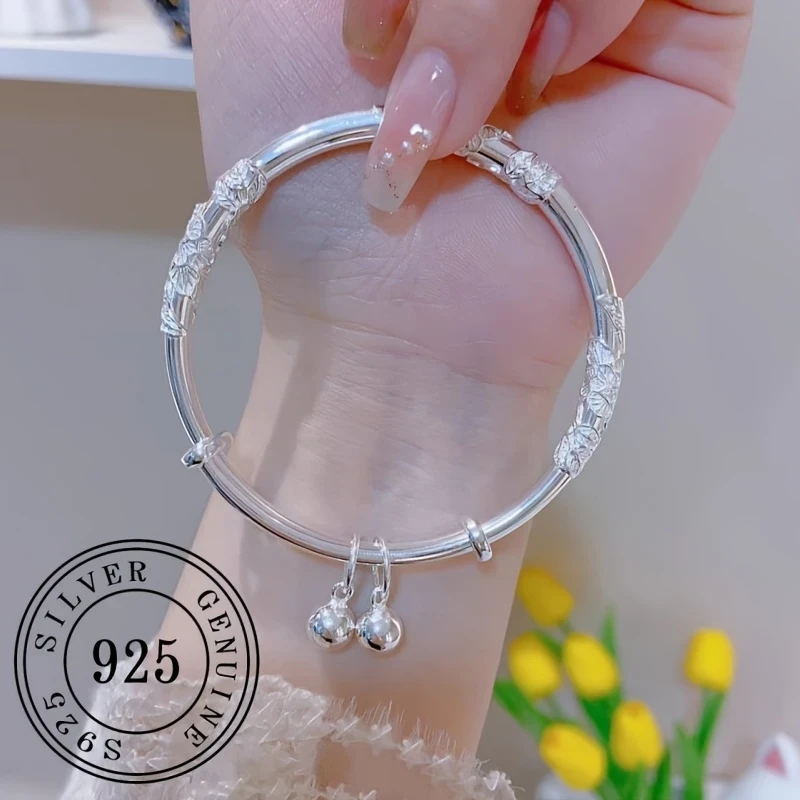 Elegant Sterling Silver S925 Lucky Charm Bracelet with Bell - Adjustable Open Cuff Design, Perfect Gift for Girlfriend, Family, and Friends