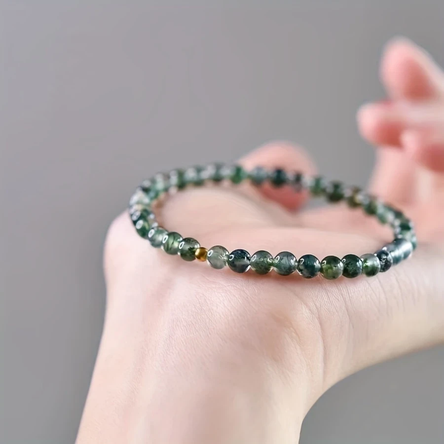 Moss Agate Bead Bracelet - 6mm Natural Stone, Simple & Elegant Jewelry for Men & Women, Cool Fashion Gift