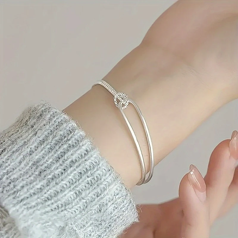 Elegant 925 Sterling Silver Half-Moon Bangle Bracelet with Sparkling Stones - Bohemian Style, Perfect Daily Accessory for Women, Ideal Gift for Valentines Day and Special Occasions