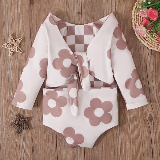 Children's European And American Spring And Autumn Swimsuit Girls' Small Flower Pattern Long Sleeve Triangle Rompers