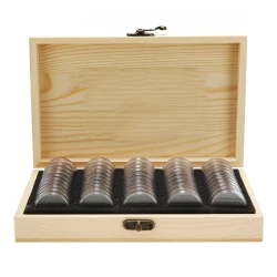 Wooden Coins Display Storage Case 50 Capsules