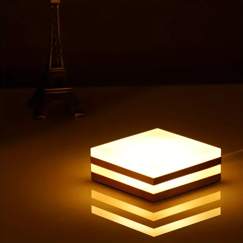 Square Wooden Art Table Lamp  3 Colors, 9 Adjustable Brightness Levels, USB Energy-Saving, Natural Warm White Light, LED, with Push Button Control, Dimmable, Made of Real Wood, for Bedroom, Study, Living Room, Indoor Use