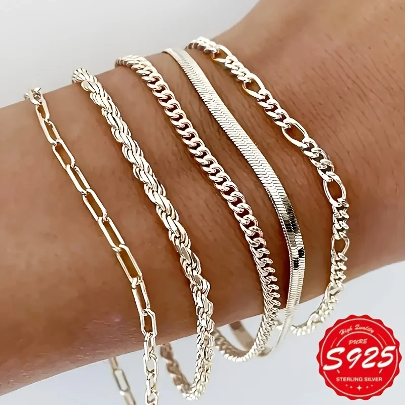 5pcs Elegant 925 Sterling Silver Cuban Chain Bracelets Handmade Womens Fashion Jewelry | Durable Chic Bracelets | Perfect Mothers Day & Everyday Gift NZ