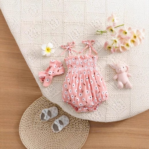 Newborn Bow Flower Print Short Sleeved Kazakhstan Baby Girl Sweet