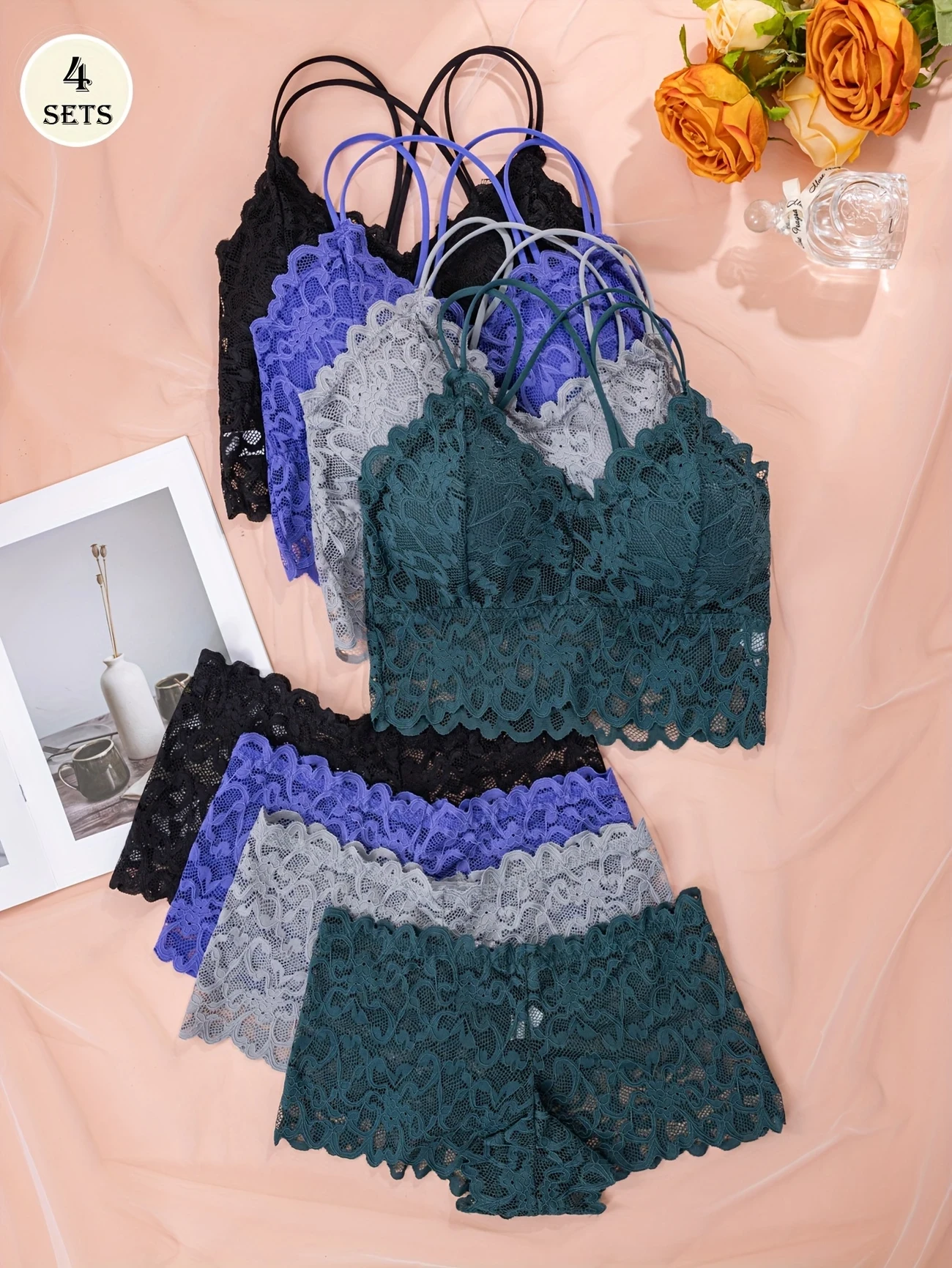 4pcs Womens Sexy Comfortable Casual Lace Underwear Set Gathered No Steel Ring Bra, Beautiful Back Design, Panty & Suspender Vest Wrap NZ