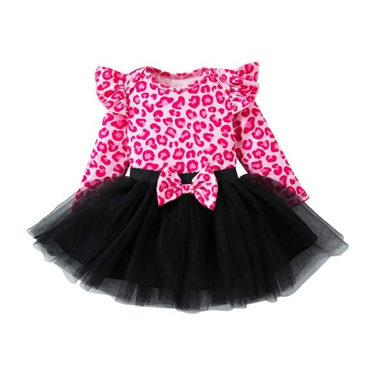Spring And Autumn Women's Leopard Print Flounced Sleeve Mesh Princess Dress 2-piece Set