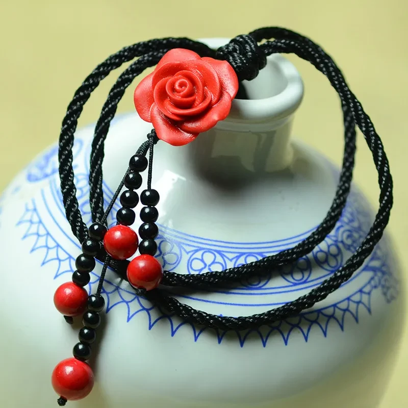 Chinese Style Red Lacquered Rose Long Necklace