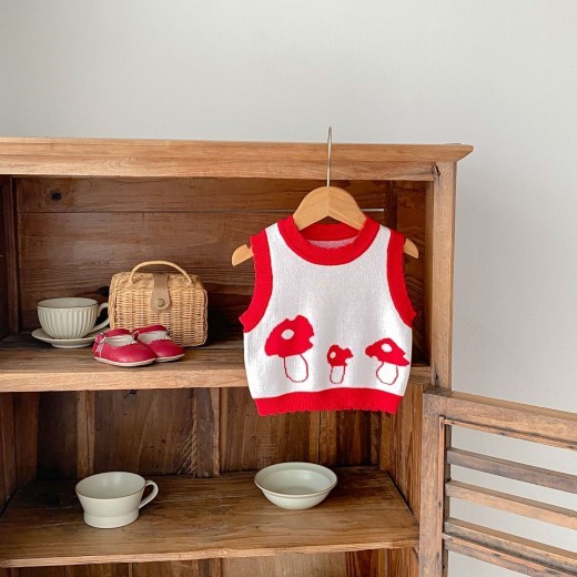Children's Cotton Knitted Vest Mushroom Jacquard Top