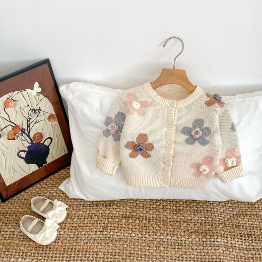 Hand Crocheting Flower Jacquard Round Neck Cardigan Knitted Coat