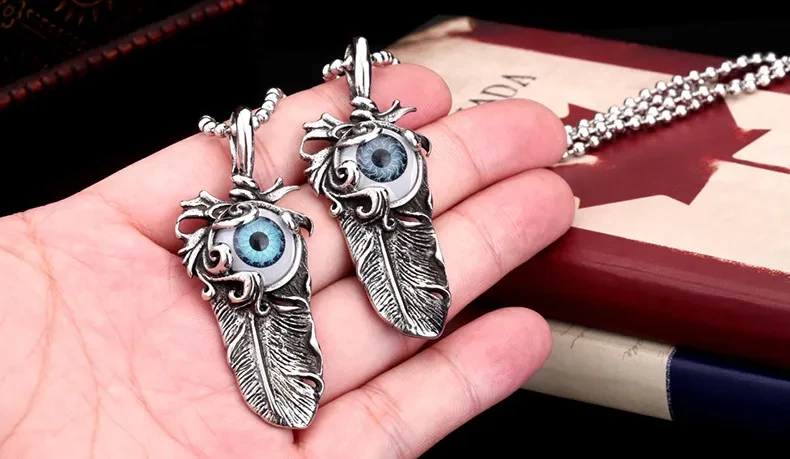 Titanium steel evil eye pendant feather pendant