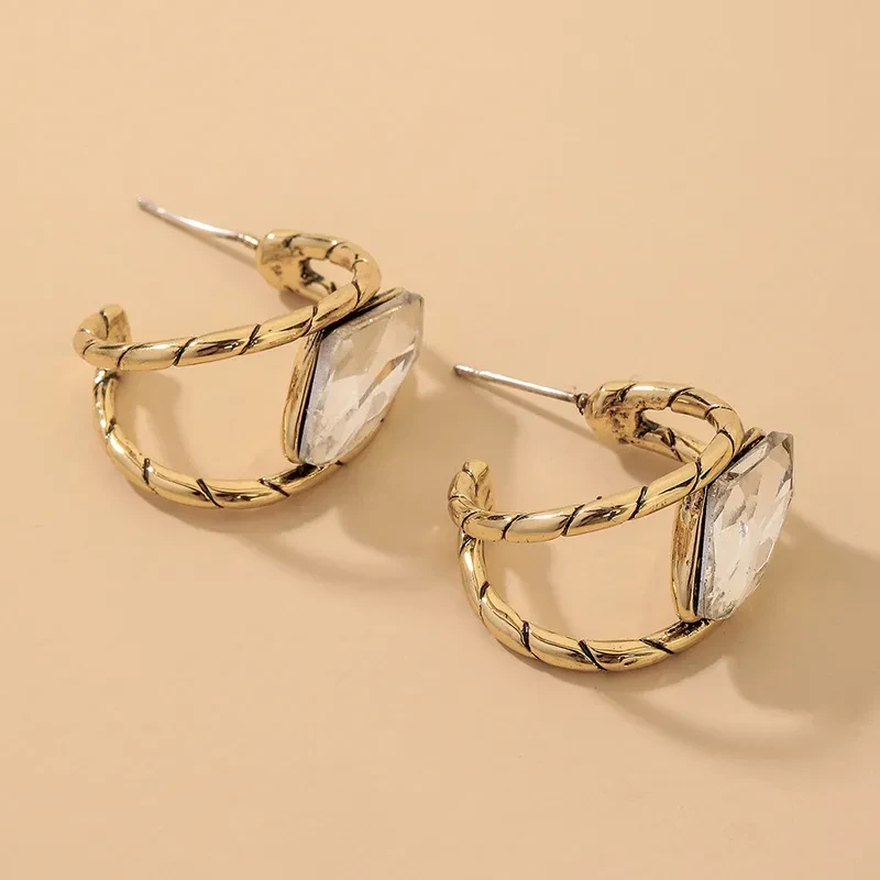925 Silver Needle Fashion Rhinestone Hollow C Shape Stud Earrings