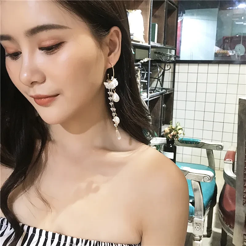 Female Pearl Tassel Earrings Flower Earrings