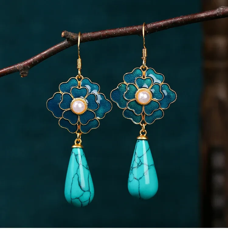 Camellia Tian-Tsui Pearl Turquoise Vintage Earrings