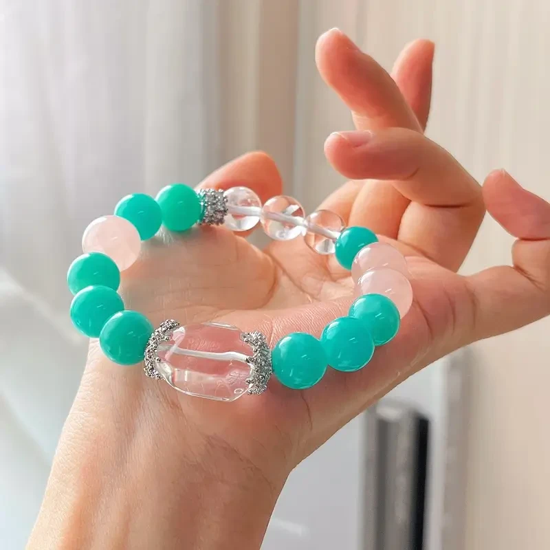 Crystal Beaded Bracelet  Teal Green & Pink Retro Handmade Jewelry for Women, Perfect for Casual Attire & Special Occasions, Ideal Valentine's Gift for Her