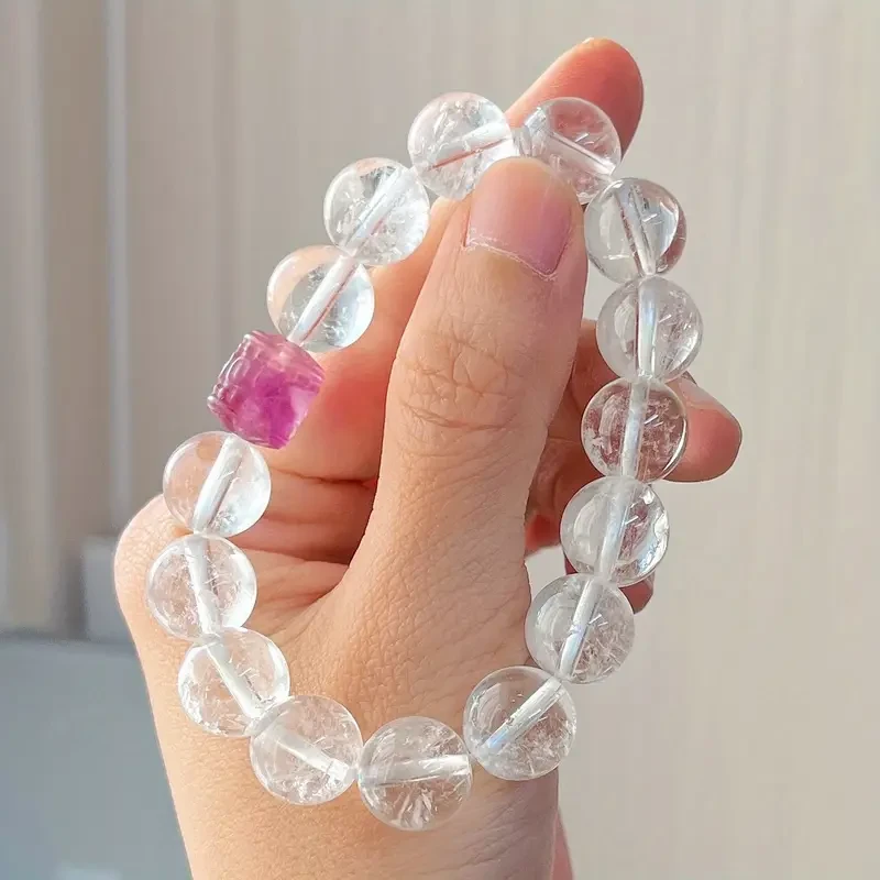 Natural White Crystal Quartz Reiki Bracelet Geometric Pattern, Vintage Design, Clear Texture, Fashionable Accessory